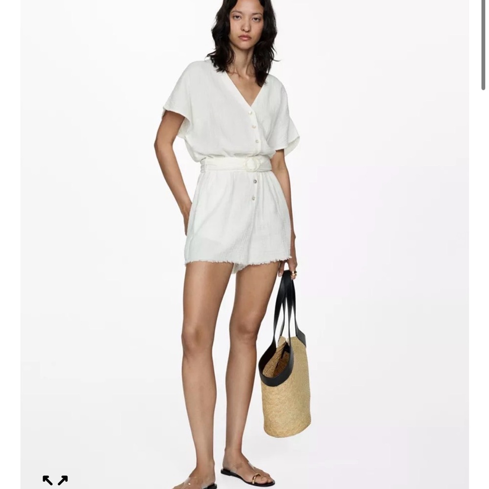 Mango White Button-Up Romper with Belt